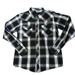 Cowboy Hardware Men’s Large Black/White Plaid Pearl Snap Shirt Embroidered Logo